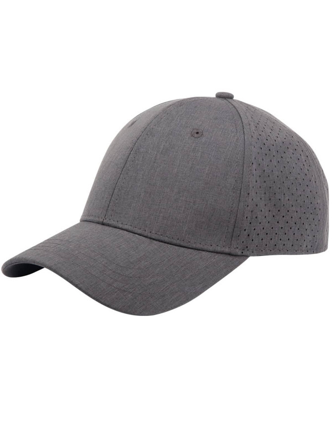 A grey cap with a solid front and perforated paneling, featuring a curved brim and a logo.