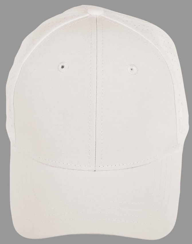 A white 4-way stretch cap with laser cut details and a branded logo on the front.