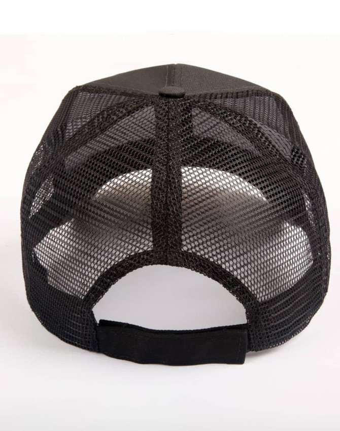 A black trucker cap with a mesh back and an adjustable strap, showcasing a simple design.