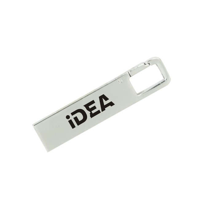 A silver flash drive with a sleek design and a logo.