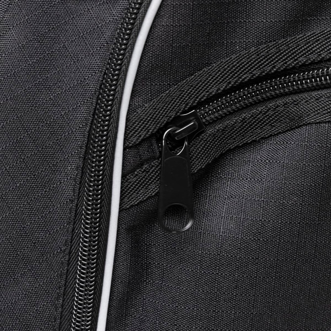 A black backpack featuring a zippered pocket and white detailing. It has a logo on the surface.