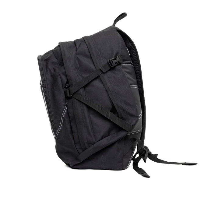 A black Brighton Backpack featuring multiple compartments and adjustable straps, with a logo on the front.