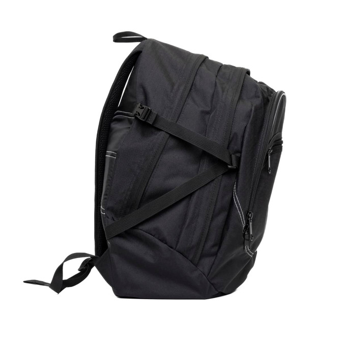 A black Brighton Backpack with adjustable straps and a side zip compartment. Features a logo on the exterior.