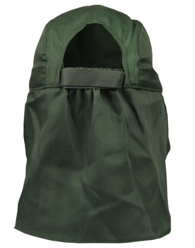 A green poly cotton legionnaire hat with an open back and an attached strap. Features a logo on the side.