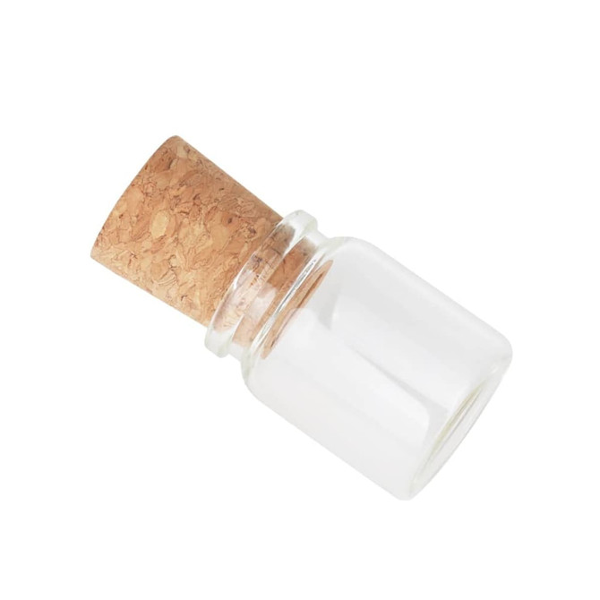 A clear glass wish bottle with a cork stopper, designed as a compact flash drive.