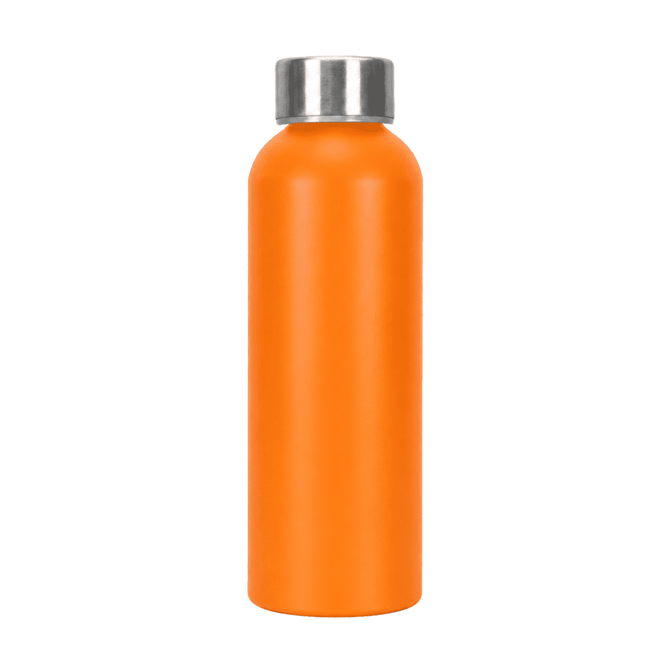 A drink bottle in vibrant orange with a stainless steel cap and a smooth finish. It features a logo.