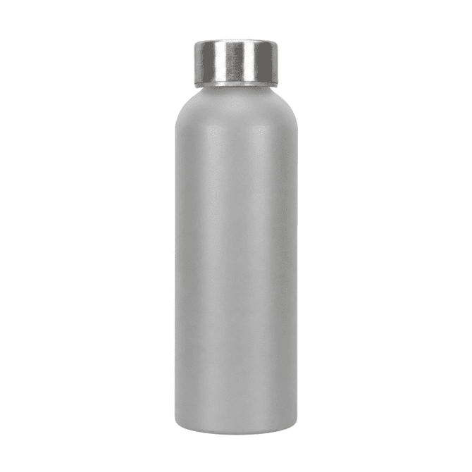 A drink bottle made of recycled aluminium in a sleek silver finish. Features a metal screw-on lid and a logo.