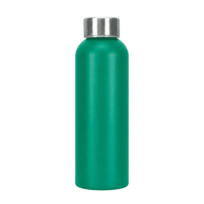 A drink bottle in a vibrant teal colour with a silver stainless steel lid and a smooth finish.
