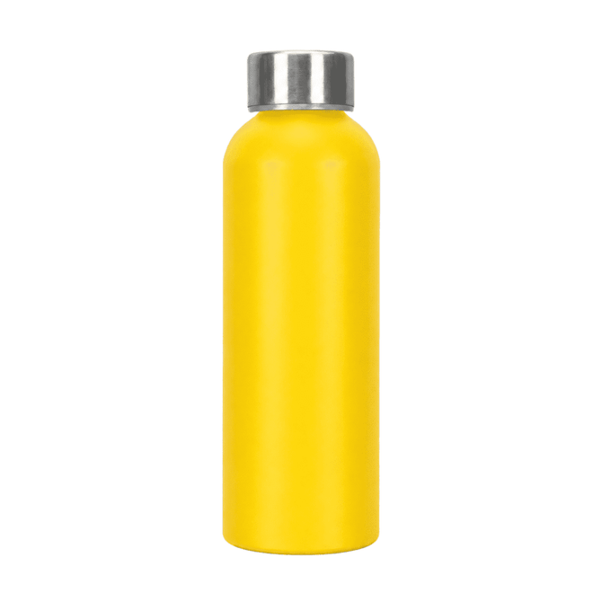 A drink bottle in vibrant yellow with a stainless steel cap, featuring a smooth, sleek design.