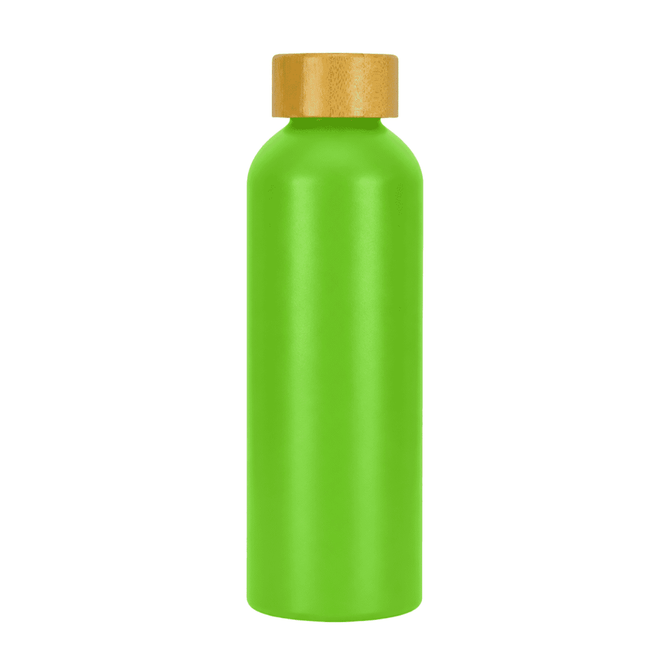 A drink bottle in vibrant green with a wooden lid, featuring a logo on the side.