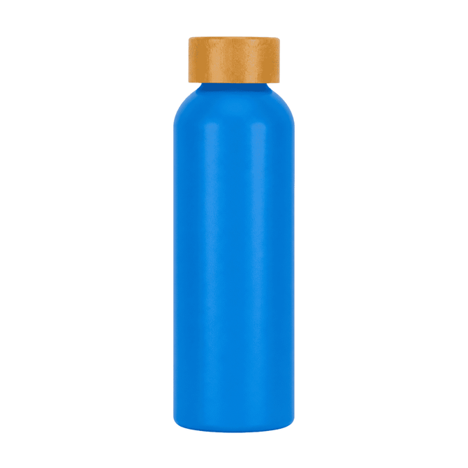 A drink bottle in bright blue with a golden cap, featuring a logo on its surface.