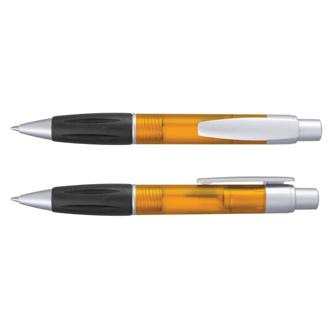 A plastic pen in orange and black, featuring a silver clip and accents, with a sleek design.