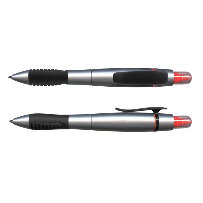 A silver and black dual-sided pen with a highlighter and a logo, featuring a textured grip.