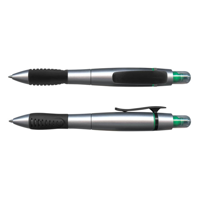 A silver Duo Pen with a highlighter, featuring a black grip and clip. The pen has a logo on it.