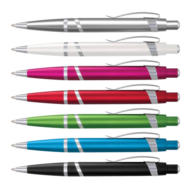 A collection of Athena pens in silver, white, pink, red, green, blue, and black, each with a sleek design and a logo.