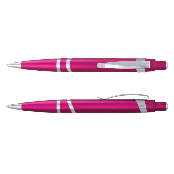 A pink plastic pen with silver accents, featuring a click mechanism and a clip for easy attachment.