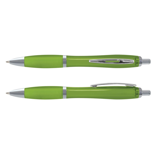 A translucent green plastic pen with a silver clip and accents, displayed in two positions.