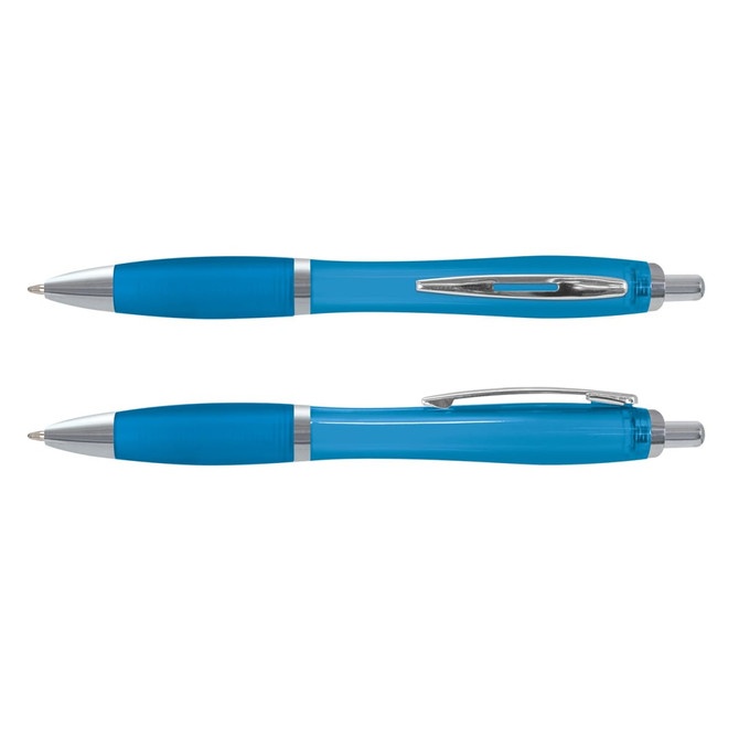 A translucent blue plastic pen with silver accents, featuring a clip and a retractable design.