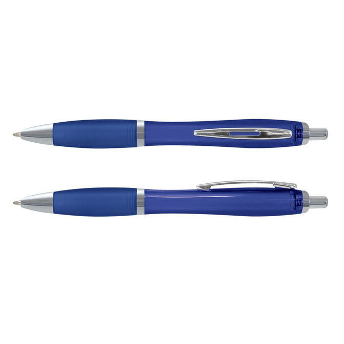 A translucent blue Vistro Pen with silver accents, displayed from two angles.