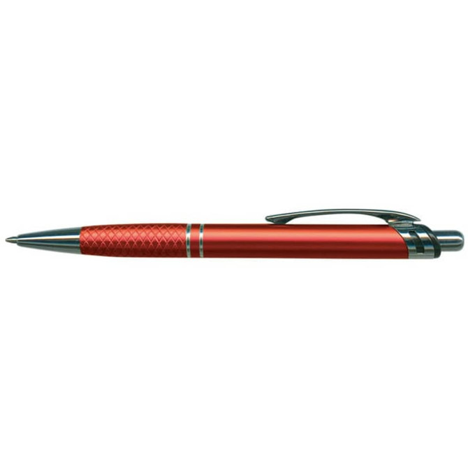 A red metal pen with a textured grip and a sleek silver clip, featuring a logo.