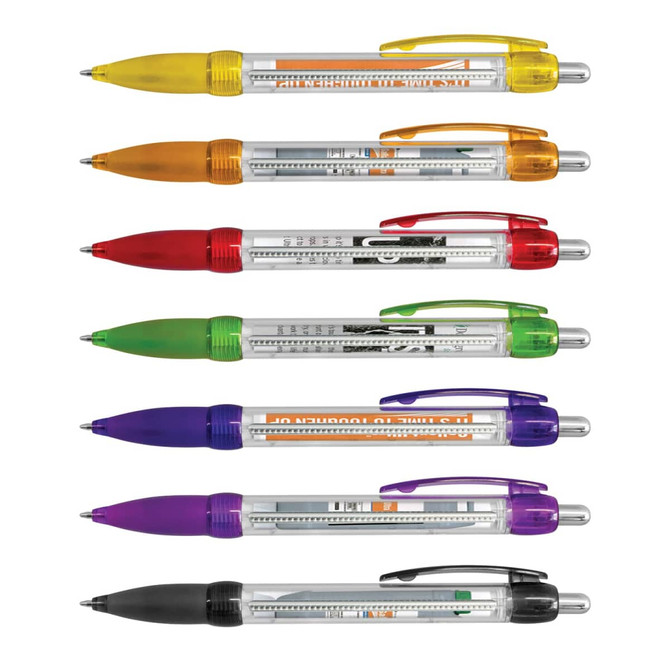 Eight plastic pens in various colours including yellow, orange, red, green, purple, and black, featuring a logo on each pen.