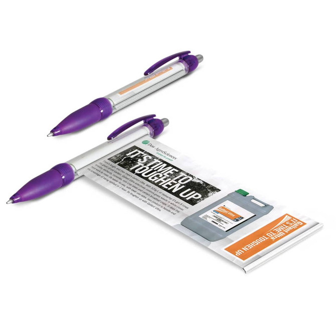 A purple and silver pen alongside a promotional brochure featuring a logo.