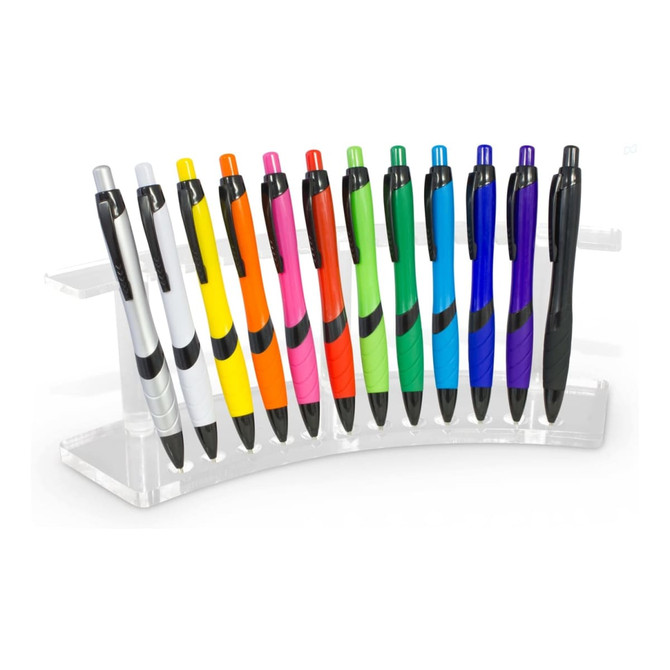 A display stand containing twelve pens in various colours, including black, blue, green, yellow, pink, and white.