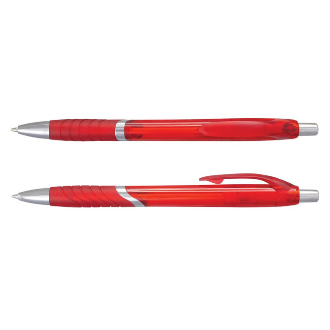 A red translucent plastic pen with a silver clip and grip, featuring a sleek design and a logo.