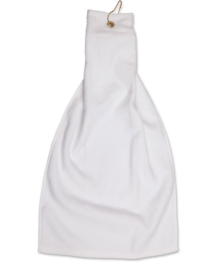 A white golf towel with an eyelet hook, measuring 38 x 65 cm, featuring a branding logo.