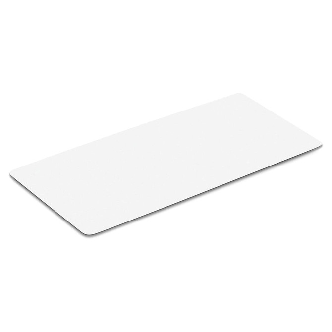 A white yoga mat with a smooth surface, featuring a minimalistic design and a logo.