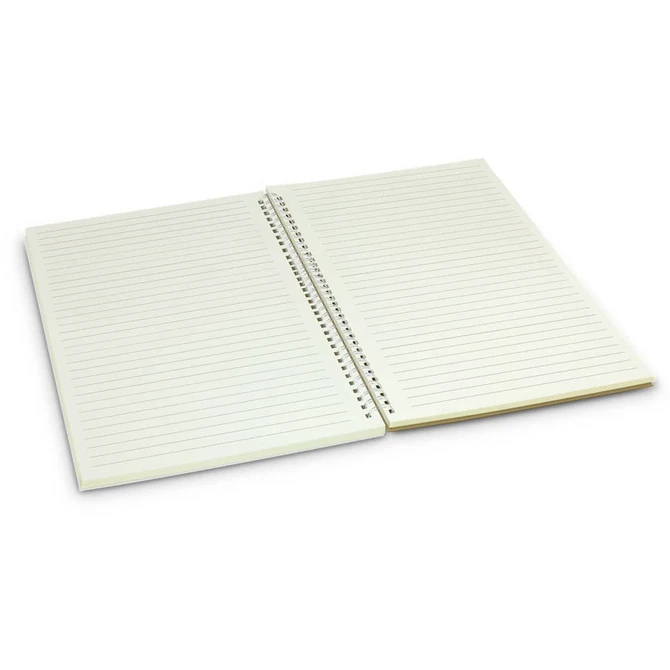 A medium-sized notebook featuring lined pages and a spiral binding, presented in a pale colour.