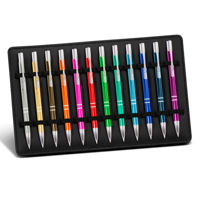 A display stand featuring twelve colourful pens arranged in a black holder, each with a silver clip and barrel.