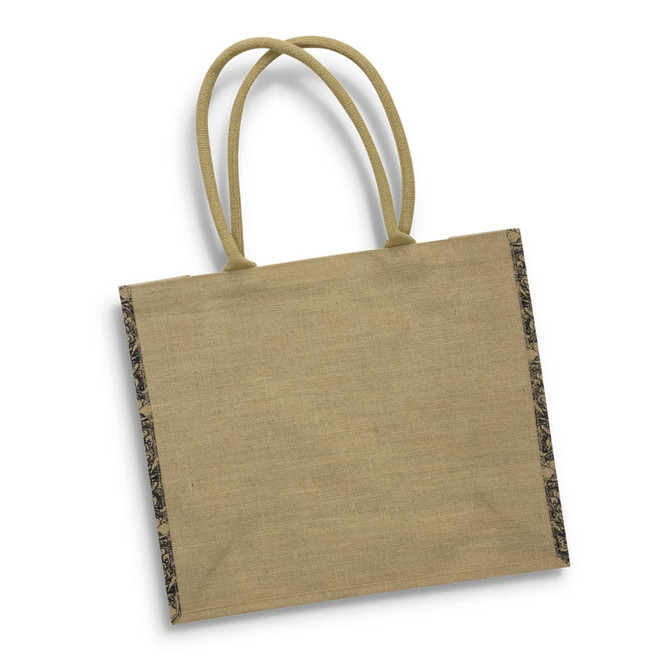 A jute tote bag in a natural beige colour with patterned edges and two sturdy handles. It features a brand logo.