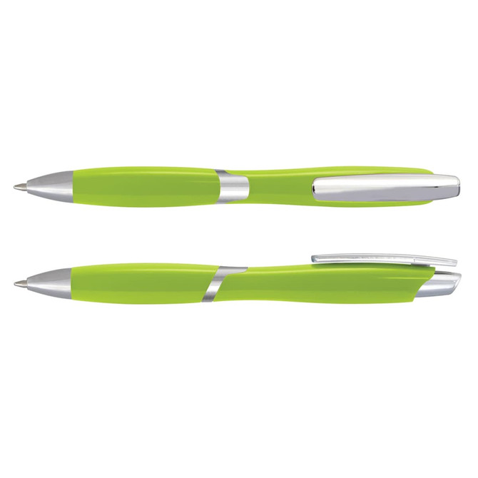 A plastic pen in vibrant green and silver, featuring a sleek design and a silver clip, with a logo present.