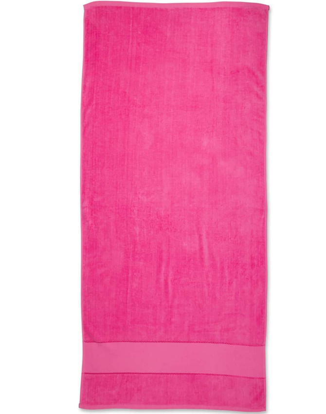 A pink terry velour beach towel, sized 75x150 cm, featuring a solid design and a subtle logo.