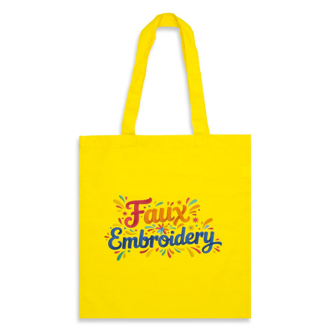 A vibrant yellow tote bag featuring faux embroidery design and an attached logo.