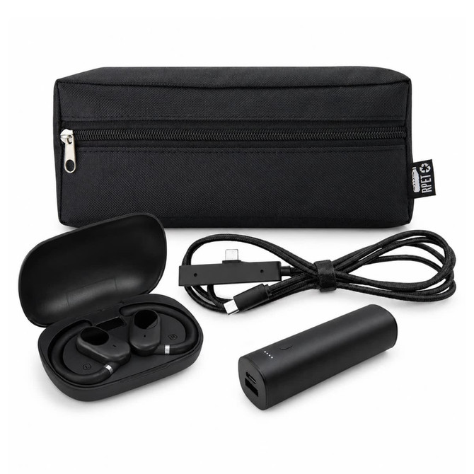 A black tech pack featuring a charging case with earbuds, a power bank, and a USB cable, all in a zippered pouch.
