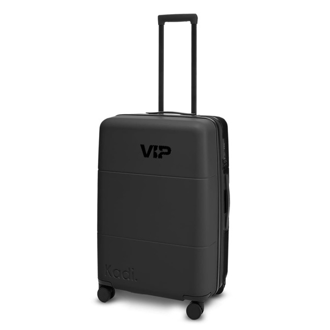 A medium black suitcase with a retractable handle and wheels, featuring a logo on the front.