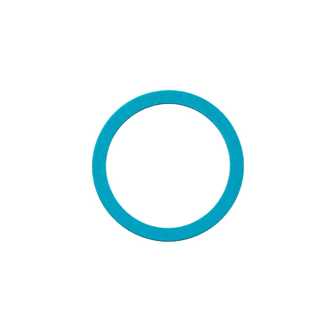 A circular product in bright teal, featuring a simple minimalist design and a blank centre.