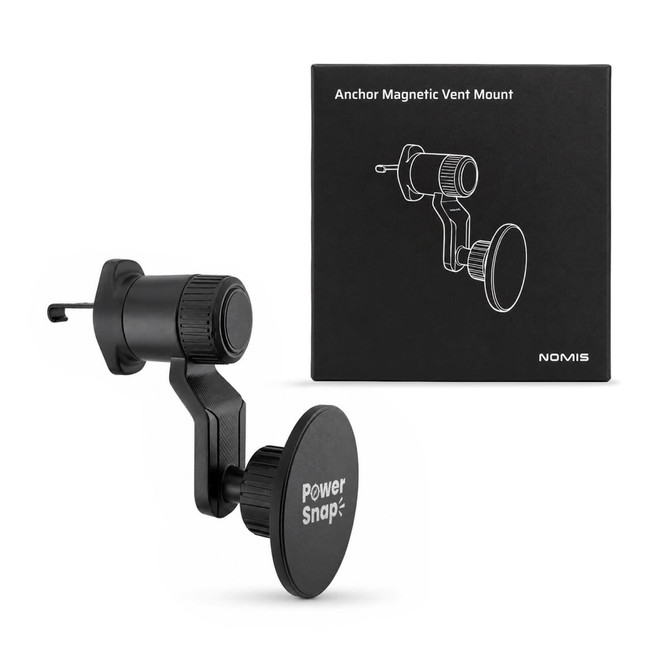 A black magnetic car phone holder with an adjustable vent mount, alongside its packaging featuring a logo.