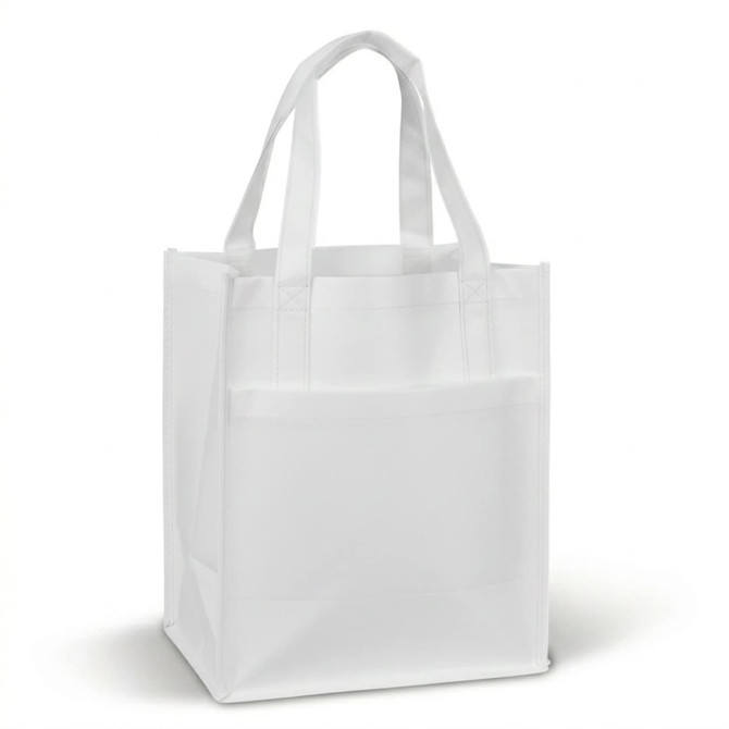 A white reusable shopping bag with two handles and a front pocket, featuring a simple design.