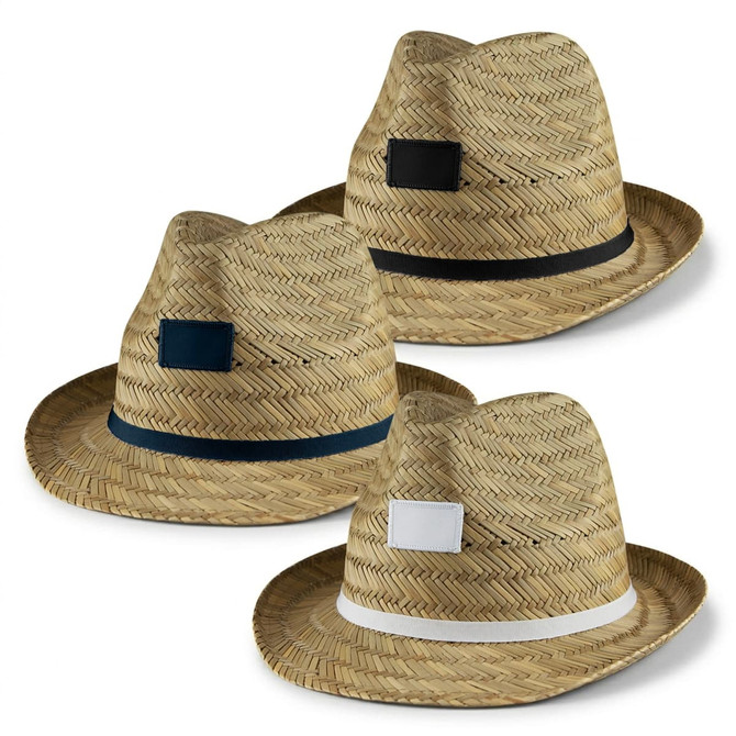A set of three Panama straw hats in natural straw colour, featuring black, navy, and white bands. Each hat has a logo.