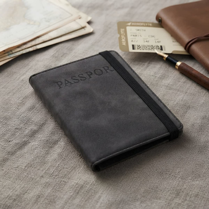 A black passport wallet with an elastic band, resting on a textured surface alongside travel documents and a pen.