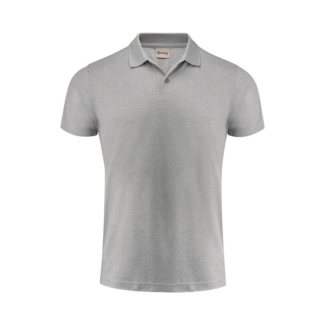 A light grey polo shirt with a collar and short sleeves. The shirt features a branding logo.