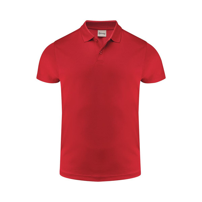 A red men's polo shirt featuring a collar and short sleeves, with a logo on the upper back.