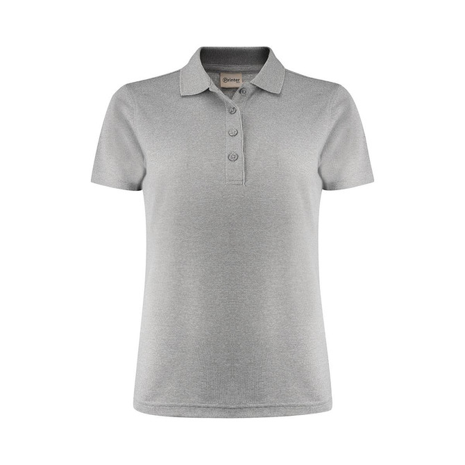 A grey women's polo shirt featuring a classic collar and button-down placket, with a logo on the chest.