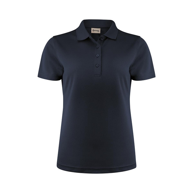 A navy blue women's polo shirt featuring a collar and three buttons, with a logo on the label.