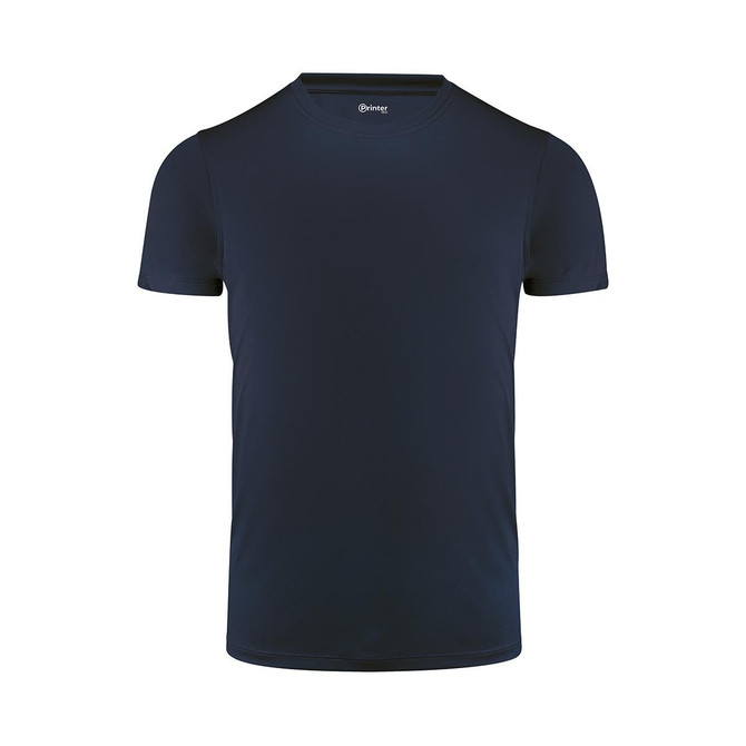 A navy blue men's active tee with a round neckline and short sleeves, featuring a logo on the inside neckline.
