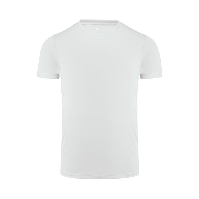 A plain white men's active t-shirt with short sleeves and a round neckline, featuring a logo.