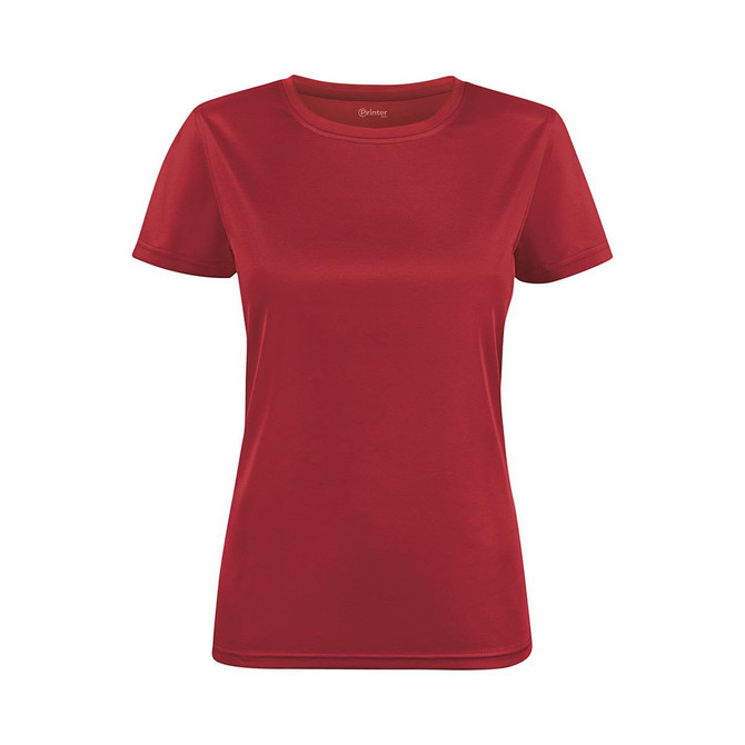 A women's active tee in bright red with a classic short-sleeve design, featuring a logo on the label.